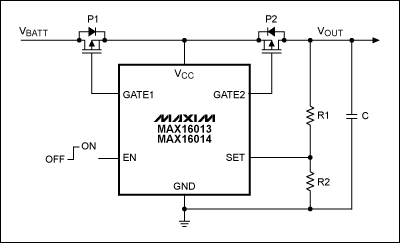 圖8. MAX16013和MAX16014可提供有源瞬態(tài)保護(hù)功能，直接監(jiān)測(cè)電源電壓，當(dāng)檢測(cè)到故障時(shí)，通過控制兩個(gè)外部p溝道FET開關(guān)，斷開負(fù)載與故障電源。