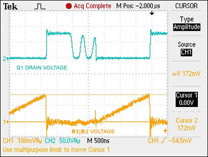 圖6. 漏極電壓和檢流電阻的電壓(50mΩ)