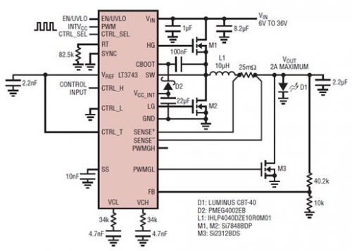 具電流受限并聯(lián)輸出的 6V 至 36V 輸入、2A LED 驅(qū)動(dòng)器