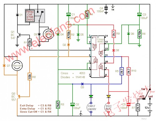 雙區(qū)域報(bào)警和警笛截止定時(shí)器電路原理圖 來源： 電子發(fā)燒友