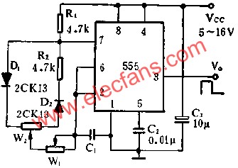 時(shí)基集成電路組成占空比連續(xù)可調(diào)的脈沖發(fā)生器電路圖 ttokpm.com