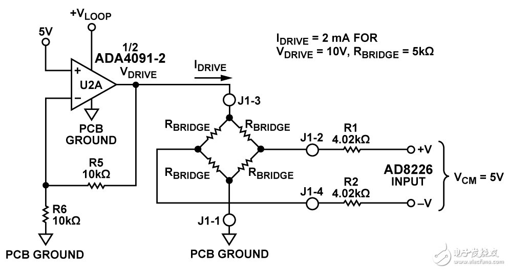 圖2. 傳感器電壓驅(qū)動配置（RBRIDGE=5kΩ、VDRIVE=10V