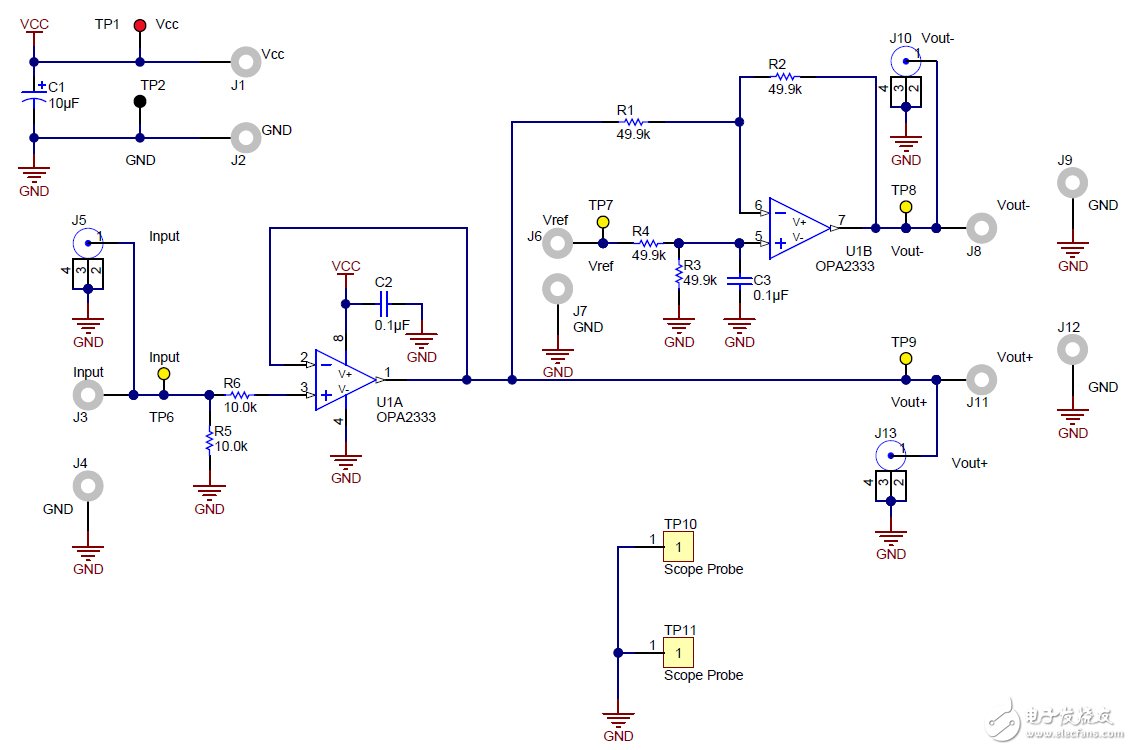 單端輸入至差分輸出轉(zhuǎn)換電路參考設(shè)計電路圖