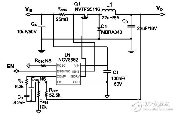  NCV8852   5V，2.5A 車載USB電源設(shè)計(jì)實(shí)例電路圖