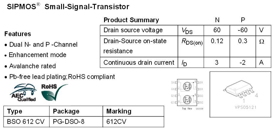 BSO612CV 互補型MOSFET