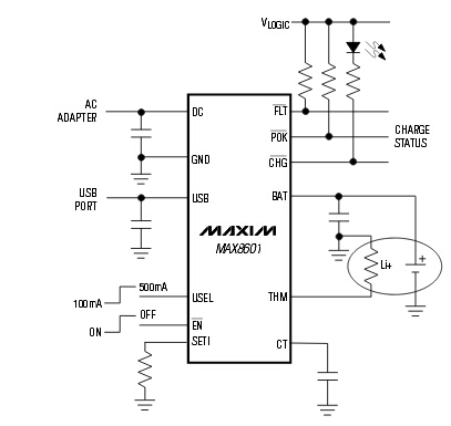 MAX8601 提供OVP保護和可編程充電定時的電池充電器