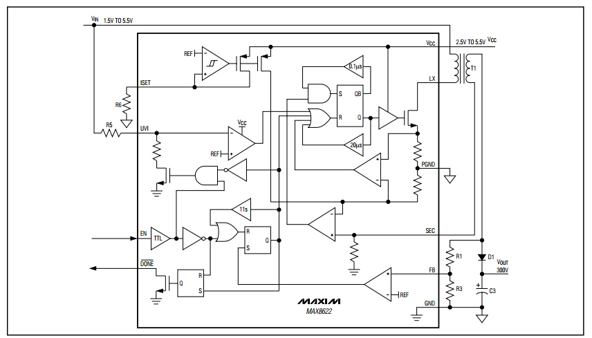 MAX8622 用于數(shù)碼產(chǎn)品的可快速充電氙閃光燈充電器