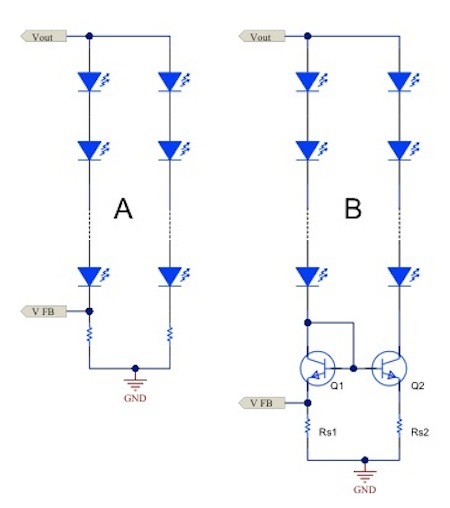 .電流鏡 (B) 可針對簡單電阻器電流調(diào)節(jié) (A) 提供各種優(yōu)勢