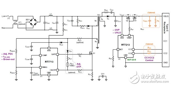 RT7713和RT7213組成的符合Type-C規(guī)范的原邊回饋（PSR）電源適配器