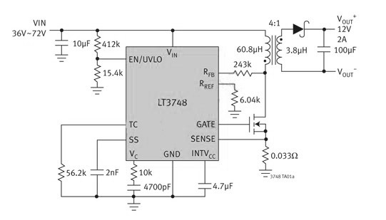 采用主端輸出電壓檢測(cè)的 LT3748 反激式轉(zhuǎn)換器