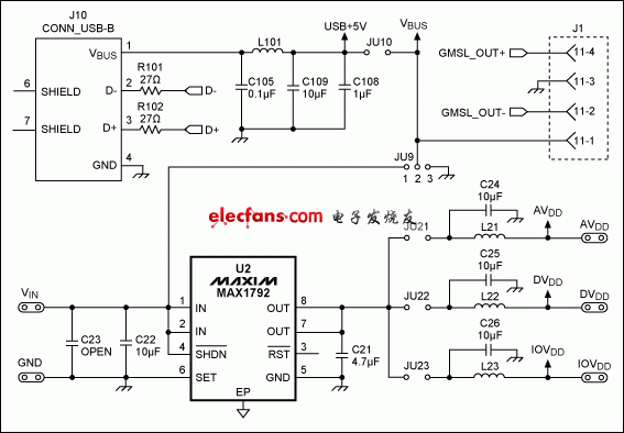 圖1. MAX9259EVKIT原理圖的電源部分