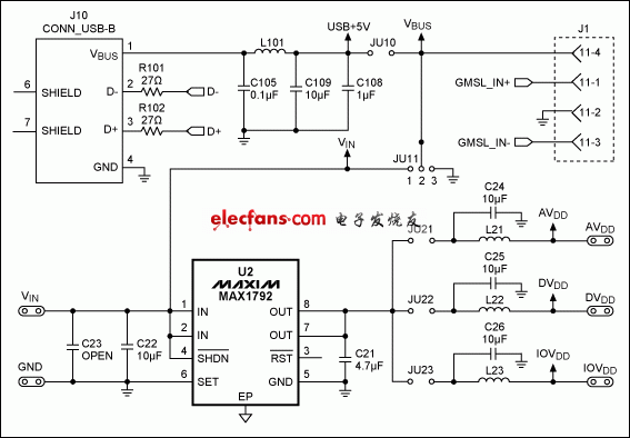 圖2. MAX9260EVKIT原理圖的電源部分