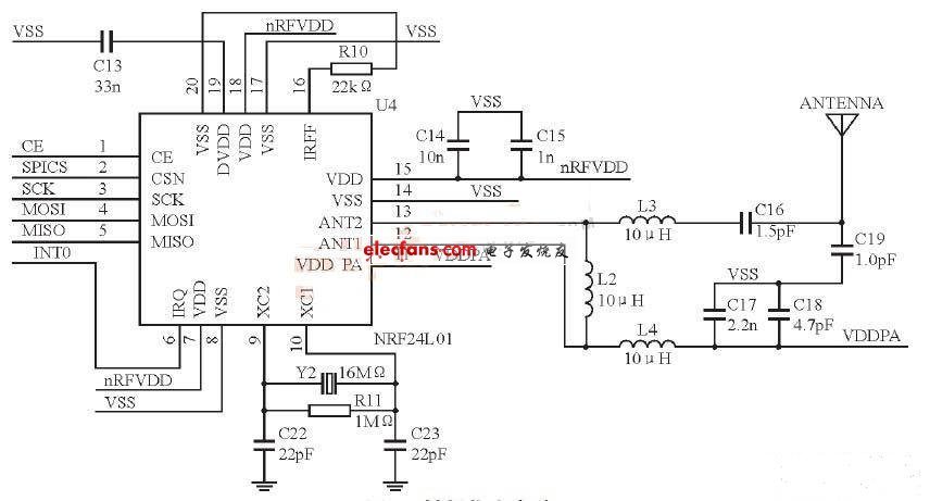 nRF24L01組成的射頻收發(fā)電路