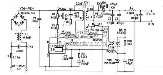 　　如圖為16W音頻放大器電源應(yīng)用電路