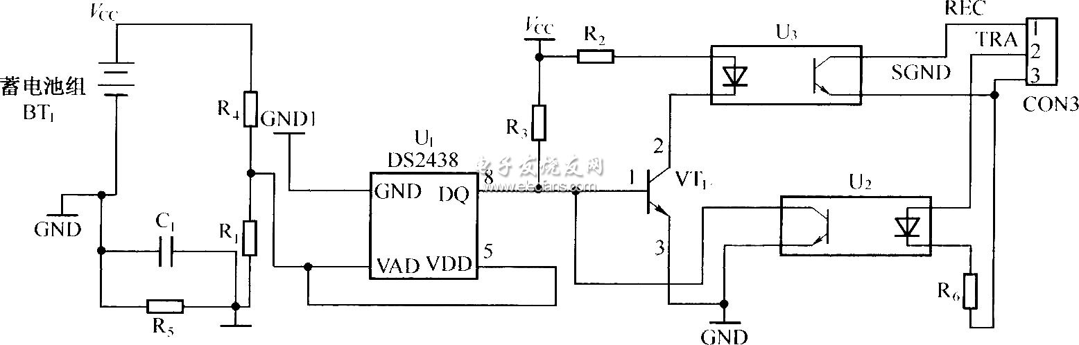 DS2438構(gòu)成動(dòng)力電池組測(cè)量電路圖