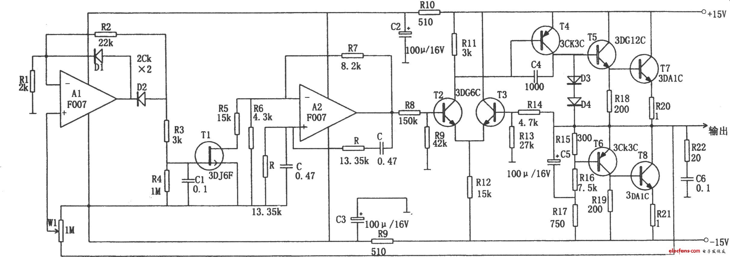 F007組成的低頻信號(hào)發(fā)生器原理圖