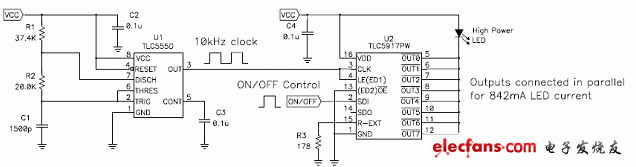 TLC555 定時器代替 LED 驅(qū)動器的微處理器