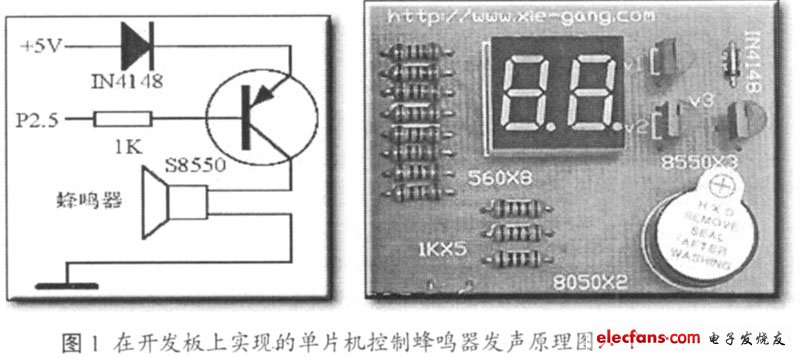 在開發(fā)板上實(shí)現(xiàn)的單片機(jī)控制蜂鳴器發(fā)聲原理圖