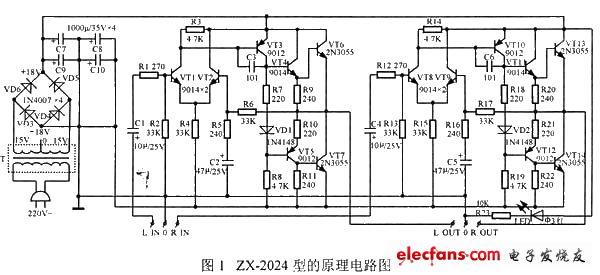 OCL立體聲功放機的原理電路圖