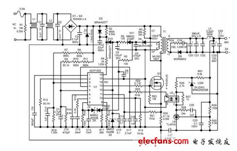 基于NCP1652單段式PFC控制器的50 W-150 WAC-DC LED方案