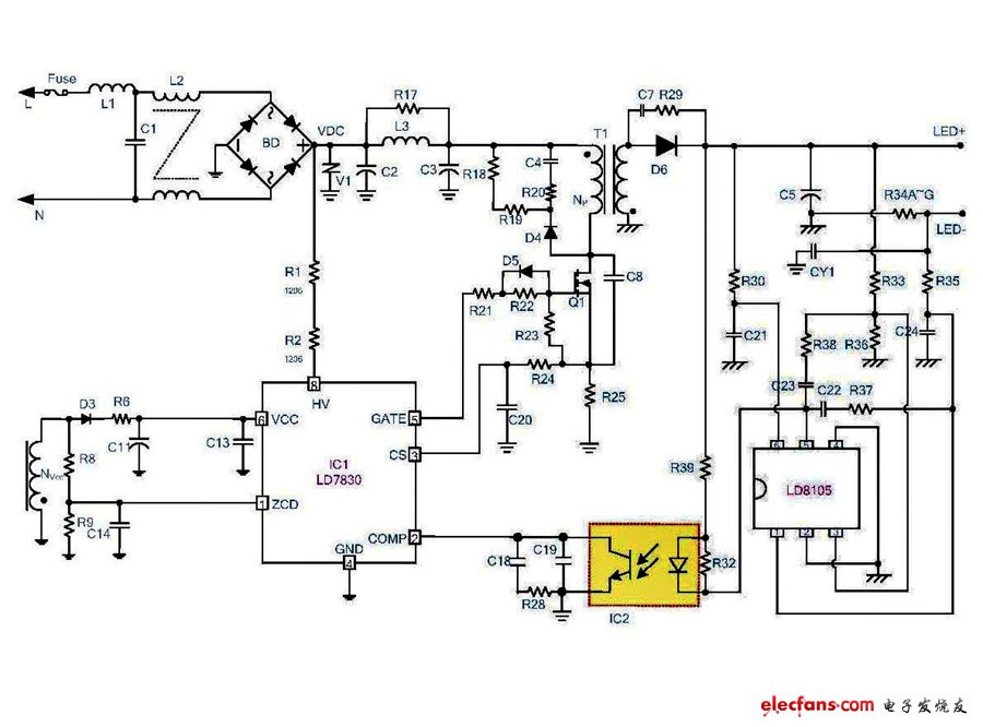 LD7830+LD8105組成的24V-0.7A電源電路