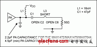 圖4. MAX7044EVKIT工作在868MHz時(shí)的簡(jiǎn)單諧振電路匹配網(wǎng)絡(luò)