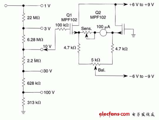 低漂移高阻抗JFET直流電壓表電路