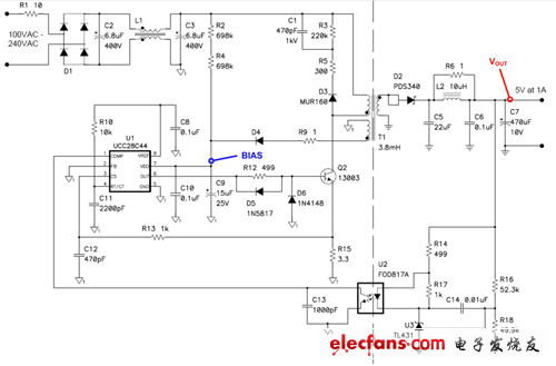 這種5V/5W反向通過限制峰值變壓器電流實(shí)現(xiàn)功率限制