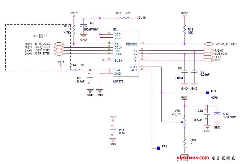 AD7873 與CPU 和觸摸屏的硬件連接圖