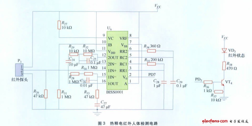 圖3 熱釋電紅外人體檢測(cè)電路