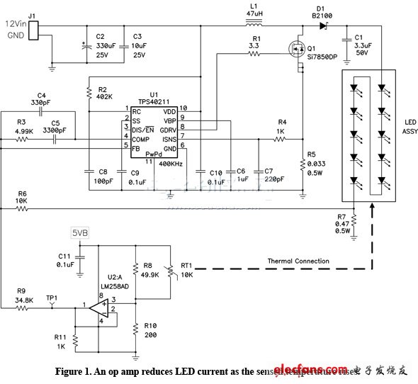 檢測溫度上升時運算放大器降低LED電流