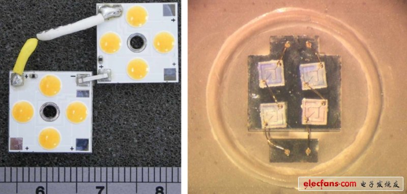 四個(gè)LEDs，每個(gè)尺寸約為0.5mm x 0.5mm x 0.1mm，封裝在LED凸圓底下