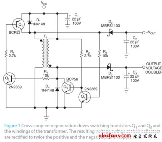 圖1 交叉耦合地可再生驅(qū)動開關(guān)晶體管Q1和Q3以及變壓器繞組。在各自集電極獲得的電壓擺幅經(jīng)整流后，就得到了兩倍的正電壓，以及負的電源軌。