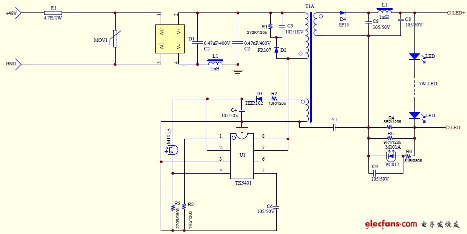 5W LED驅(qū)動電源電路圖