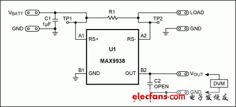 圖4. MAX9938EV標(biāo)準(zhǔn)分流器為50mΩ、4端電阻(R1)。利用6個(gè)100mΩ電阻并聯(lián)R1，得到12.5mΩ檢流電阻。
