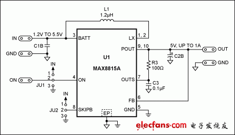 圖2. MAX8815AEVKIT提供所需的5V輸出，無需更改電路