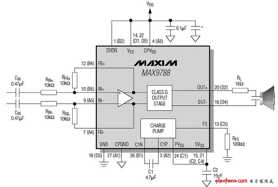 采用MAX9788的典型陶瓷揚(yáng)聲器應(yīng)用電路