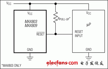 MAX803L、MAX803M、MAX803R、MAX803S、MAX803T、MAX803Z、MAX809、MAX809J、MAX809L、MAX809M、MAX809R、MAX809S、MAX809T、MAX809Z、MAX810、MAX810L、MAX810M、MAX810R、MAX810S、MAX810T、MAX810Z：典型工作電路
