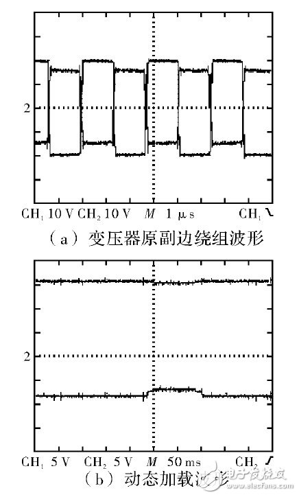 圖4 電源變壓器繞組帶載波形及動(dòng)態(tài)加載輸出波形圖