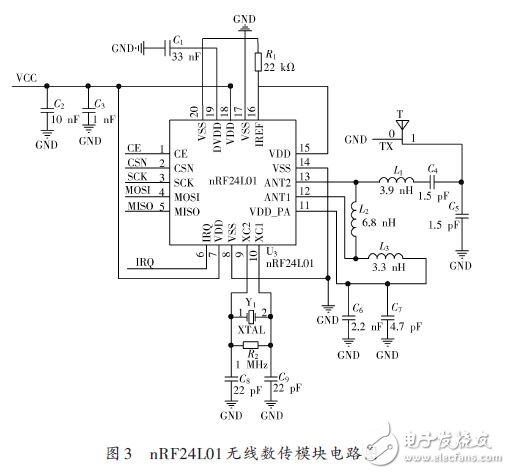 圖3 nRF24L01無(wú)線(xiàn)數(shù)傳模塊電路圖