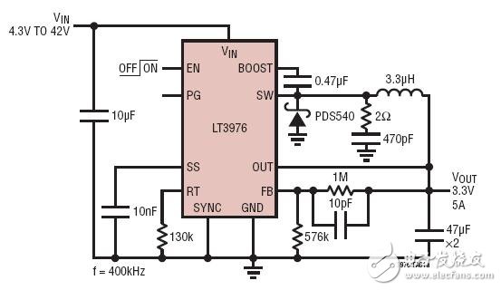 4.3V to 42Vin 3.3V@5A Step-Down Converter4.3V~42VIN至3.3V/5A輸出的降壓型轉(zhuǎn)換器電路圖