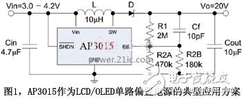 圖1AP3015作為LCD/OLED單路偏置電源的典型應(yīng)用方案