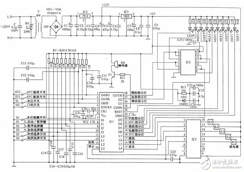 一款采用微處理器控制方式的洗碗機電路設(shè)計原理圖