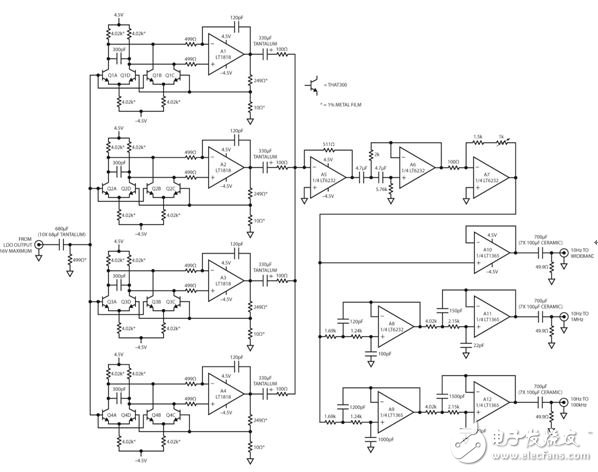 圖 2：圖 1 所示方框圖的實際電路。并聯(lián)的各級每個都配備了低噪聲三極管差分電路，以降低噪聲，同時提高增益。