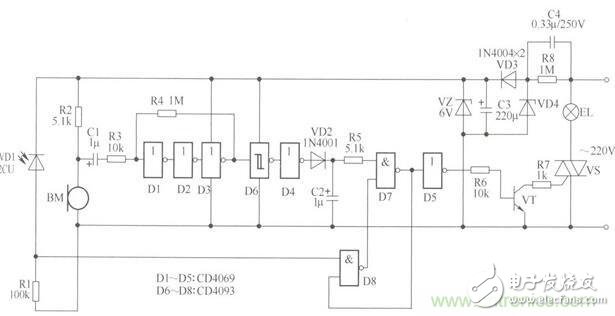 聲光控自動照明燈電路