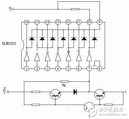 ULN是集成達(dá)林頓管IC，內(nèi)部還集成了一個(gè)消線圈反電動(dòng)勢(shì)的二極管，可用來(lái)驅(qū)動(dòng)繼電器。它是雙列16腳封裝，NPN晶體管矩陣，最大驅(qū)動(dòng)電壓=50V，電流=500mA，輸入電壓=5V，適用于TTL COMS，由達(dá)林頓管組成驅(qū)動(dòng)電路。 ULN是集成達(dá)林頓管IC，內(nèi)部還集成了一個(gè)消線圈反電動(dòng)勢(shì)的二極管，它的輸出端允許通過(guò)電流為200mA，飽和壓降VCE 約1V左右，耐壓BVCEO 約為36V。用戶輸出口的外接負(fù)載可根據(jù)以上參數(shù)估算。采用集電極開(kāi)路輸出，輸出電流大，故可直接驅(qū)動(dòng)繼電器或固體繼電器，也可直接驅(qū)動(dòng)低壓燈泡。通常單片機(jī)驅(qū)動(dòng)ULN2003時(shí)，上拉2K的電阻較為合適，同時(shí)，COM引腳應(yīng)該懸空或接電源。