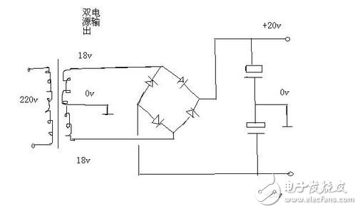 不用兩個(gè)整流橋。用一個(gè)即可，把2個(gè)18伏交流接到整流橋的交流輸入端，把變壓器抽頭0伏接地線（線路板的地線），整流橋直流輸出+ -端接電容器濾波，電容器2個(gè)串聯(lián)之后正極接整流橋正極+，電容器負(fù)極接整流橋負(fù)極-，2個(gè)串聯(lián)的電容器中間引出一根線接地線，也就是雙18伏交流的抽頭。這樣就可以在直流輸出端得到正負(fù)20伏的雙電源了。