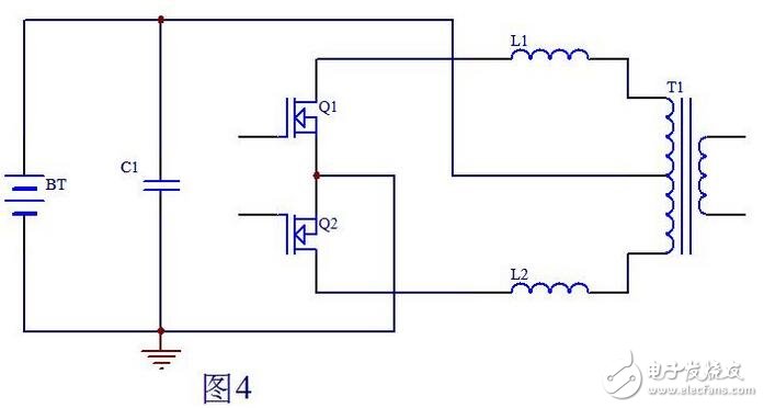 當(dāng)Q1柵極信號(hào)由高電平變?yōu)榈碗娖綍r(shí)，此時(shí)Q2也還截止，即死區(qū)處Q1，Q2都不導(dǎo)通，T1初級(jí)上半部分由于和次級(jí)耦合的原因，能量?jī)H在Q1導(dǎo)通時(shí)向次級(jí)傳遞能量，到Q1截止時(shí)T1初級(jí)上半部分上端的電位已恢復(fù)到電池電壓，而L1可以看做是是一個(gè)獨(dú)立的電感，它儲(chǔ)存的能量耦合不到變壓器T1的次級(jí)。