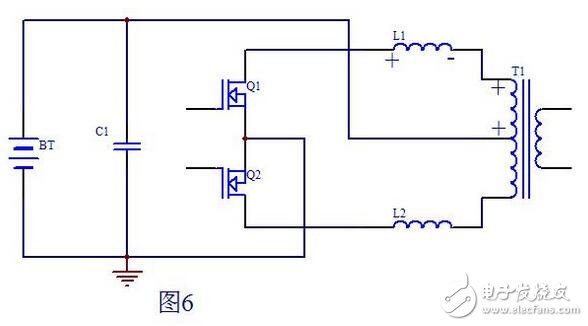 當(dāng)Q1柵極信號(hào)由高電平變?yōu)榈碗娖綍r(shí)，此時(shí)Q2也還截止，即死區(qū)處Q1，Q2都不導(dǎo)通，T1初級(jí)上半部分由于和次級(jí)耦合的原因，能量?jī)H在Q1導(dǎo)通時(shí)向次級(jí)傳遞能量，到Q1截止時(shí)T1初級(jí)上半部分上端的電位已恢復(fù)到電池電壓，而L1可以看做是是一個(gè)獨(dú)立的電感，它儲(chǔ)存的能量耦合不到變壓器T1的次級(jí)。