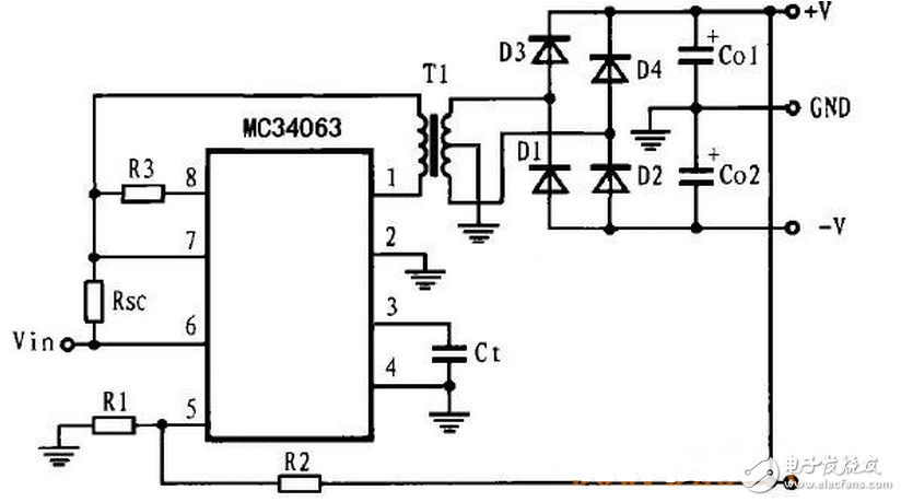 圖1為采用MC34063芯片構(gòu)成的隔離高壓大電流變壓器初級線圈驅(qū)動電路。當(dāng)芯片內(nèi)部的開關(guān)管導(dǎo)通時，MC34063的2腳將呈現(xiàn)高電平，外部P型三極管Q1截止，N型MOSFET管Q2導(dǎo)通。電流經(jīng)變壓器初級線圈和Q2到地，初級線圈儲存能量。當(dāng)內(nèi)部開關(guān)管關(guān)斷時，MC34063的2腳為低電平，Q1導(dǎo)通，Q2截止，初級線圈回路斷開。能量耦合到變壓器的次級線圈。